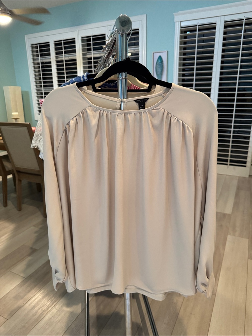 Ann Taylor Soft Cream Long-Sleeve Gathered Yoke Blouse